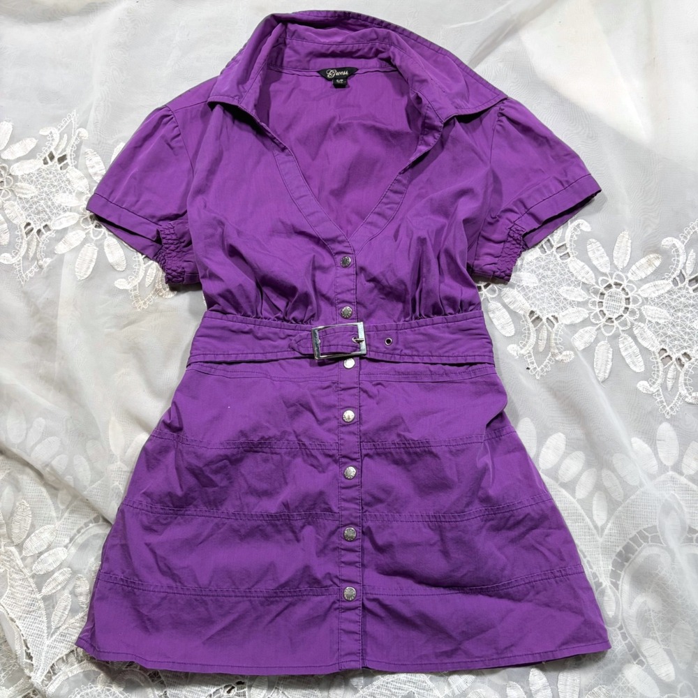 Y2K Babydoll Guess Purple Short Sleeve Button Down Belted Blouse Top S